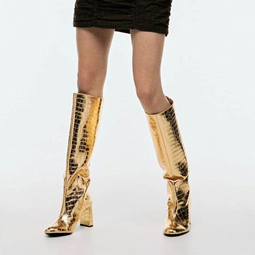 Zara Gold Metallic Embossed Snake Skin Knee High Boots NWT Size 6 (36)